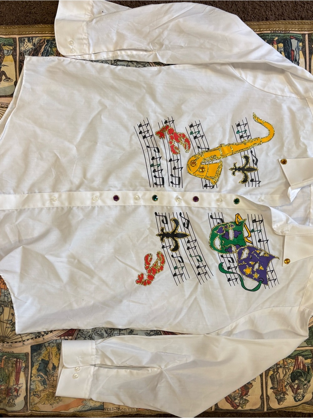 dwell White Button-Down Shirt with Colorful Embroidered Music & Animal Motifs